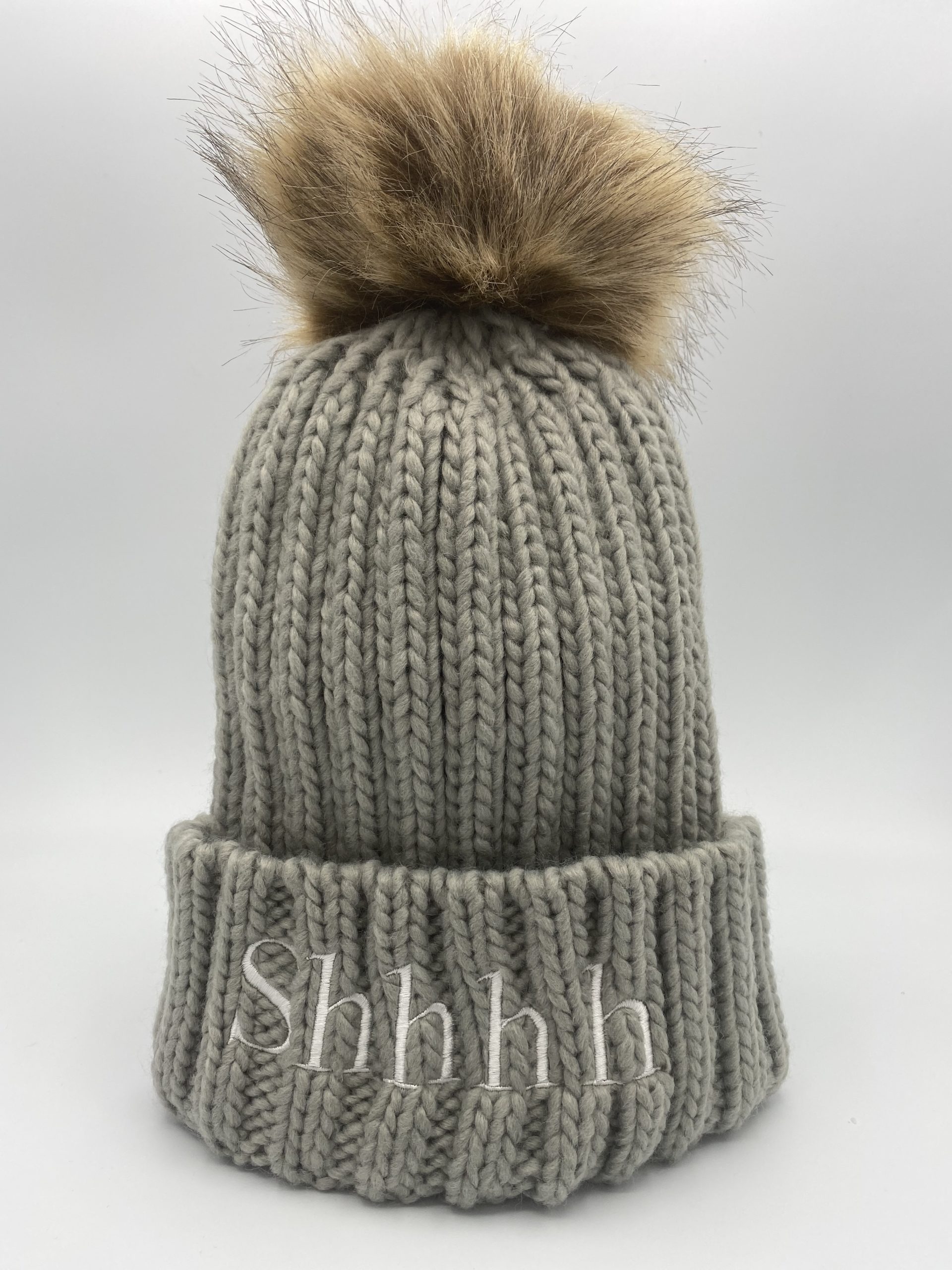 Grey Shhhh pom-pom chunky knit hat - Jodi Ellen Malpas
